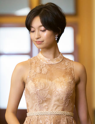 TWEED DRESS(ツイードドレス)のゴールドベージュロングドレス・チュール｜TN2010-GBEGの上半身正面画像です。