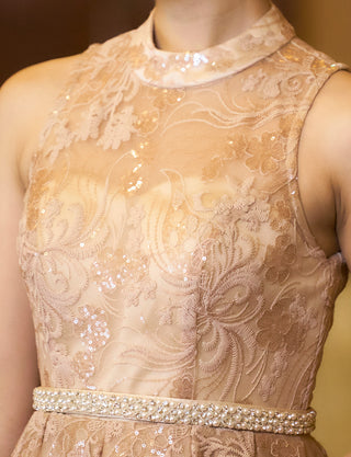TWEED DRESS(ツイードドレス)のゴールドベージュロングドレス・チュール｜TN2010-GBEGの上半身装飾拡大画像です。