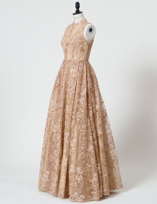 TWEED DRESS(ツイードドレス)のゴールドベージュロングドレス・チュール｜TN2010-GBEGのトルソー全身斜め画像です。