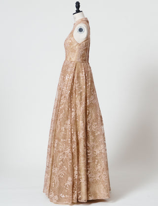 TWEED DRESS(ツイードドレス)のゴールドベージュロングドレス・チュール｜TN2010-GBEGのトルソー全身側面画像です。