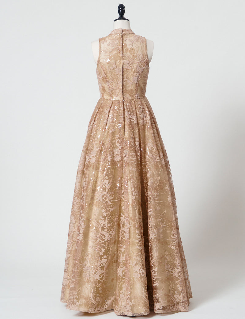 TWEED DRESS(ツイードドレス)のゴールドベージュロングドレス・チュール｜TN2010-GBEGのトルソー全身背面画像です。