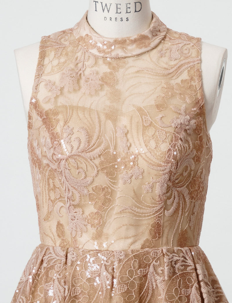 TWEED DRESS(ツイードドレス)のゴールドベージュロングドレス・チュール｜TN2010-GBEGのトルソー上半身正面画像です。