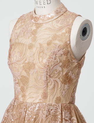 TWEED DRESS(ツイードドレス)のゴールドベージュロングドレス・チュール｜TN2010-GBEGのトルソー上半身斜め画像です。