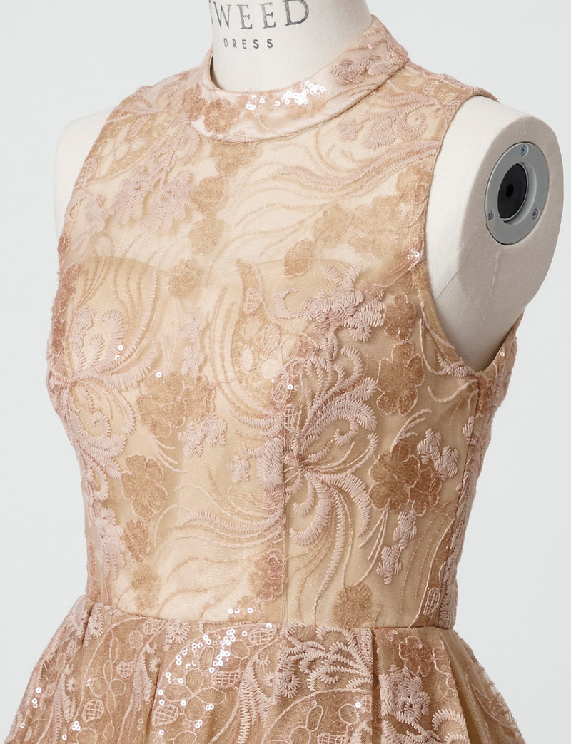 TWEED DRESS(ツイードドレス)のゴールドベージュロングドレス・チュール｜TN2010-GBEGのトルソー上半身斜め画像です。