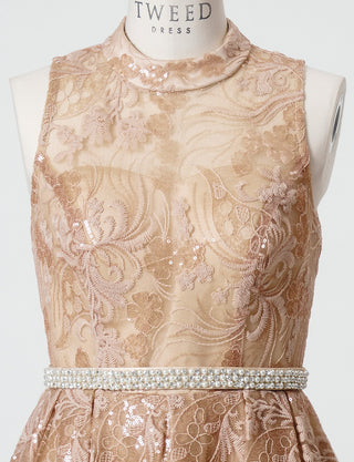 TWEED DRESS(ツイードドレス)のゴールドベージュロングドレス・チュール｜TN2010-GBEGのトルソー上半身正面付属ベルト着用画像です。