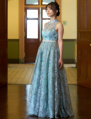 TWEED DRESS(ツイードドレス)のスモーキーブルーロングドレス・チュール｜TN2010-SYBLの全身斜め画像です。