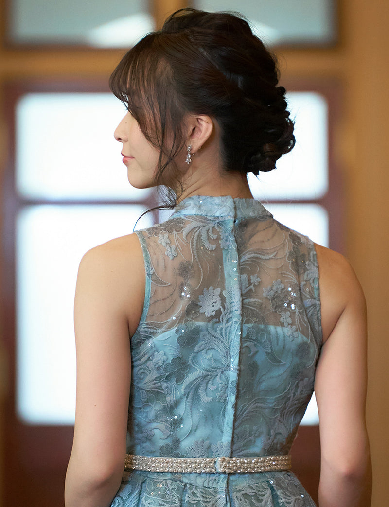 TWEED DRESS(ツイードドレス)のスモーキーブルーロングドレス・チュール｜TN2010-SYBLの上半身背面画像です。