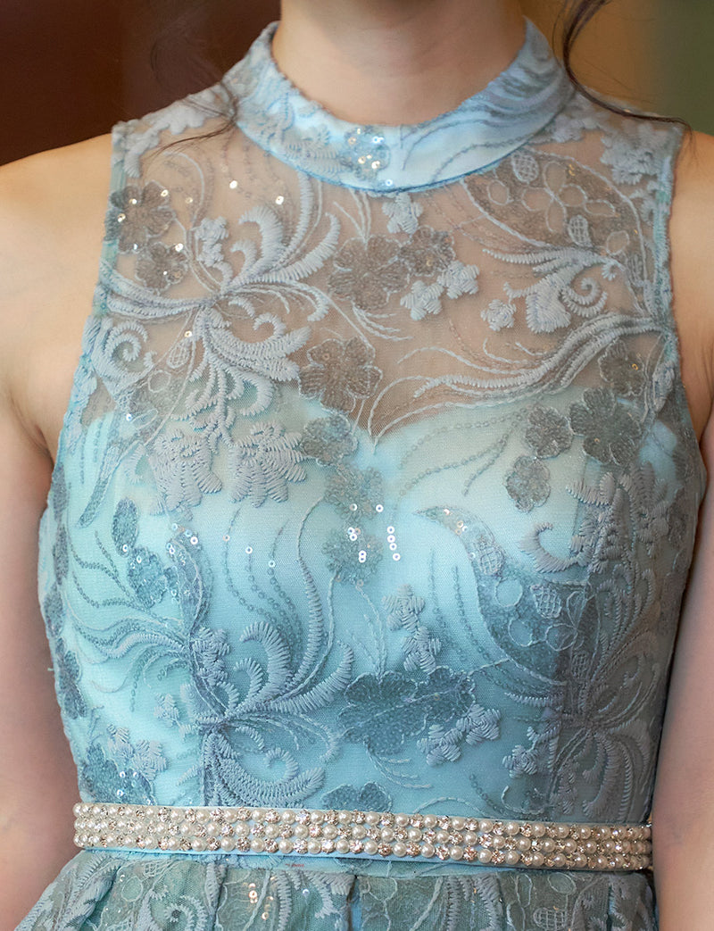 TWEED DRESS(ツイードドレス)のスモーキーブルーロングドレス・チュール｜TN2010-SYBLの上半身装飾拡大画像です。