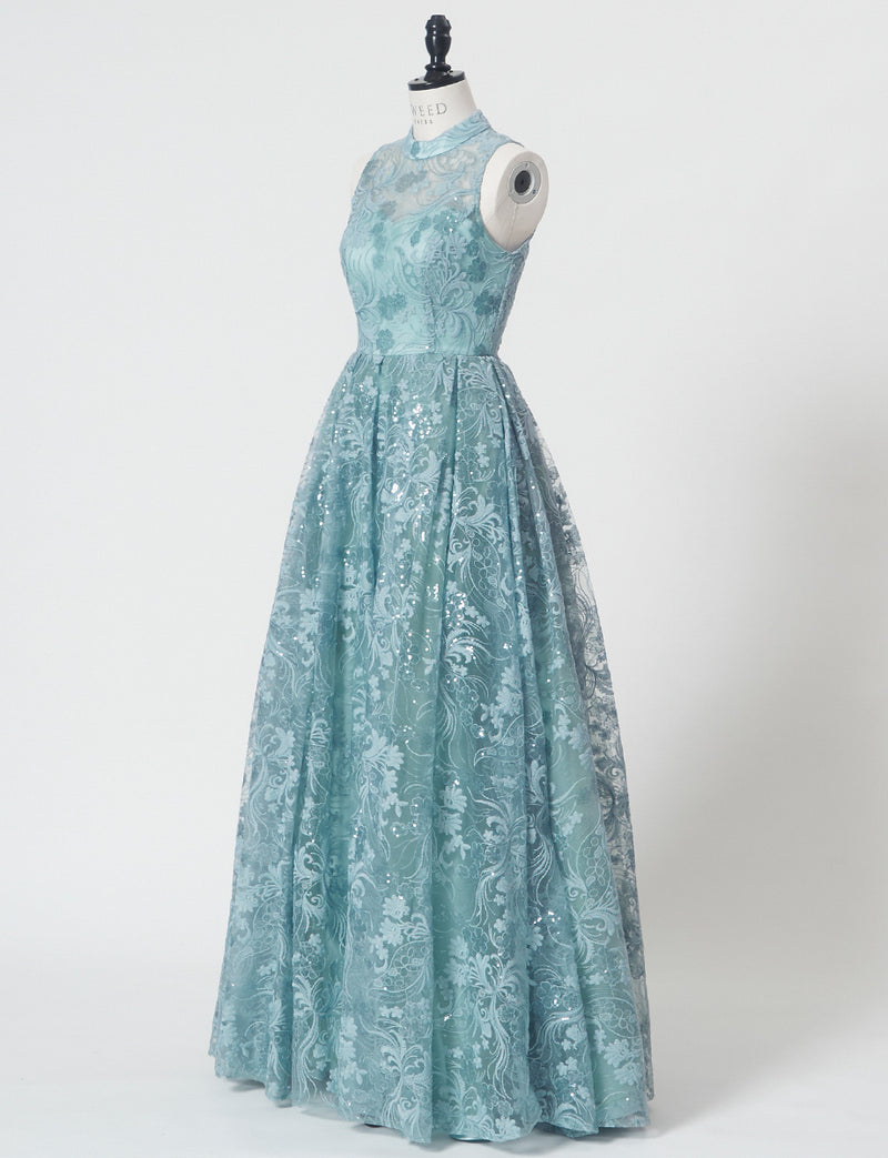 TWEED DRESS(ツイードドレス)のスモーキーブルーロングドレス・チュール｜TN2010-SYBLのトルソー全身斜め画像です。