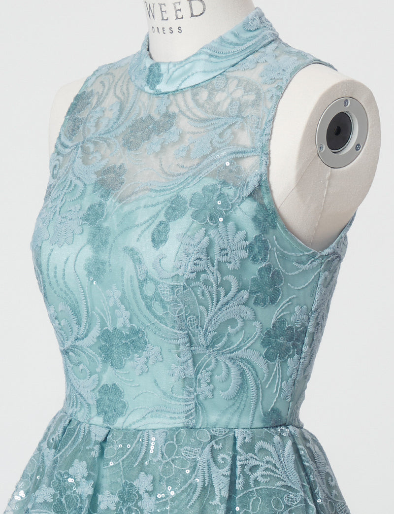 TWEED DRESS(ツイードドレス)のスモーキーブルーロングドレス・チュール｜TN2010-SYBLのトルソー上半身斜め画像です。