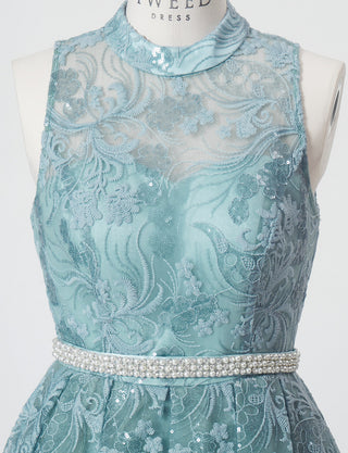 TWEED DRESS(ツイードドレス)のスモーキーブルーロングドレス・チュール｜TN2010-SYBLのトルソー上半身正面付属ベルト着用画像です。