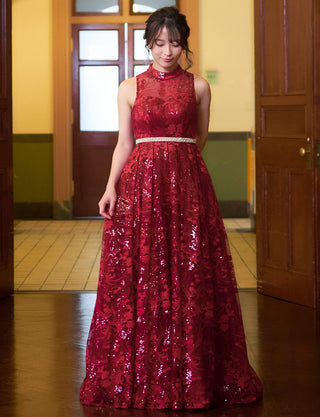 TWEED DRESS(ツイードドレス)のワインレッドロングドレス・チュール｜TN2010-WRDの全身正面画像です。