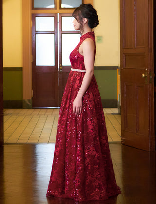 TWEED DRESS(ツイードドレス)のワインレッドロングドレス・チュール｜TN2010-WRDの全身側面画像です。