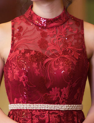 TWEED DRESS(ツイードドレス)のワインレッドロングドレス・チュール｜TN2010-WRDの上半身装飾拡大画像です。