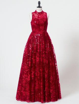 TWEED DRESS(ツイードドレス)のワインレッドロングドレス・チュール｜TN2010-WRDのトルソー全身正面画像です。