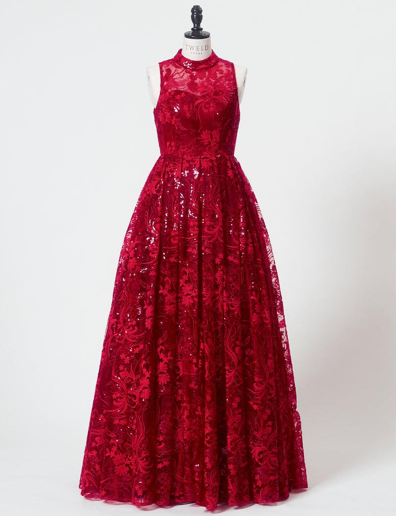TWEED DRESS(ツイードドレス)のワインレッドロングドレス・チュール｜TN2010-WRDのトルソー全身正面画像です。