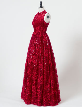 TWEED DRESS(ツイードドレス)のワインレッドロングドレス・チュール｜TN2010-WRDのトルソー全身斜め画像です。