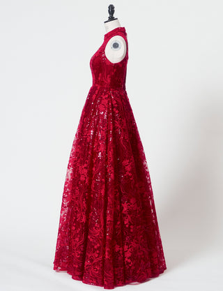 TWEED DRESS(ツイードドレス)のワインレッドロングドレス・チュール｜TN2010-WRDのトルソー全身側面画像です。