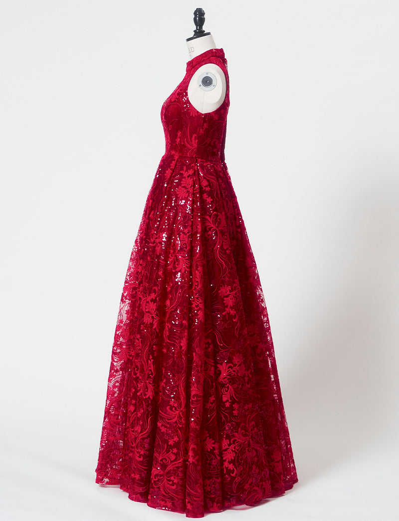 TWEED DRESS(ツイードドレス)のワインレッドロングドレス・チュール｜TN2010-WRDのトルソー全身側面画像です。