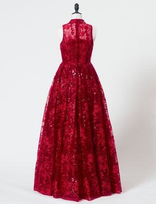 TWEED DRESS(ツイードドレス)のワインレッドロングドレス・チュール｜TN2010-WRDのトルソー全身背面画像です。