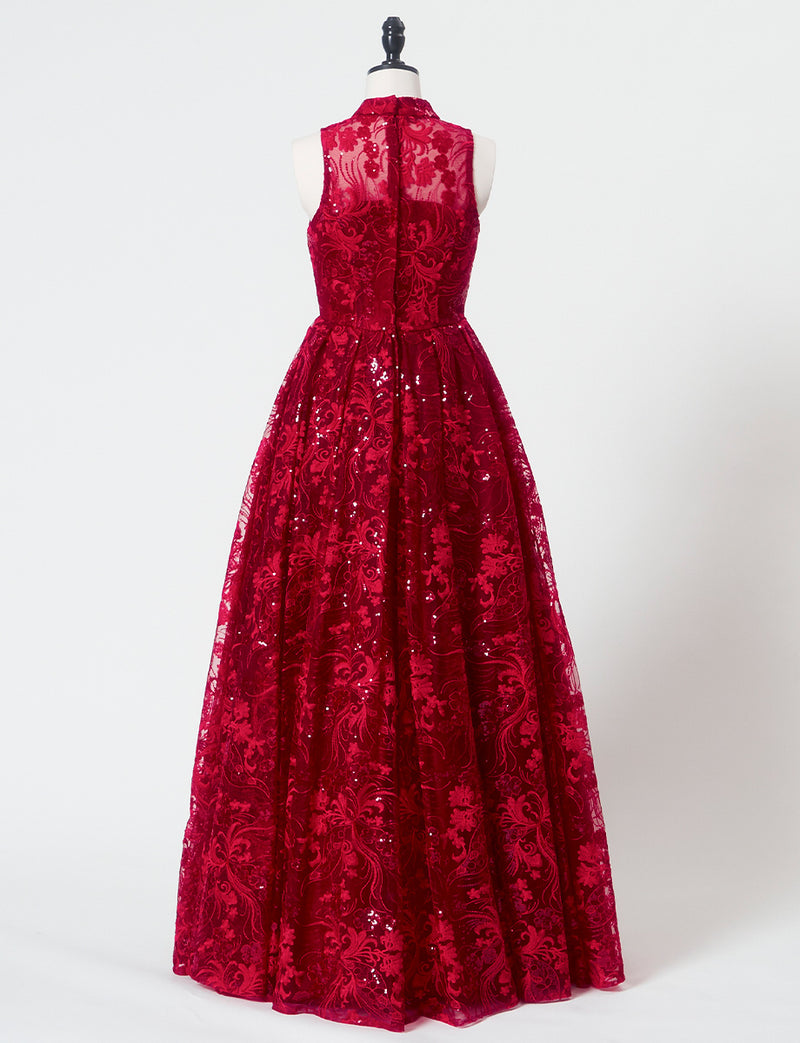 TWEED DRESS(ツイードドレス)のワインレッドロングドレス・チュール｜TN2010-WRDのトルソー全身背面画像です。