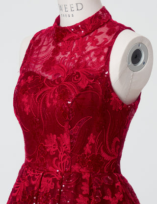 TWEED DRESS(ツイードドレス)のワインレッドロングドレス・チュール｜TN2010-WRDのトルソー上半身斜め画像です。