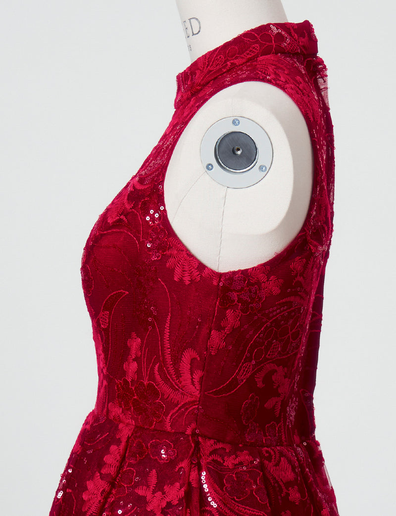 TWEED DRESS(ツイードドレス)のワインレッドロングドレス・チュール｜TN2010-WRDのトルソー上半身側面画像です。