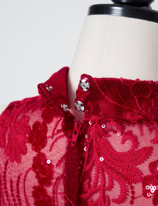 TWEED DRESS(ツイードドレス)のワインレッドロングドレス・チュール｜TN2010-WRDの背面着脱用ファスナー、首元スナップボタン拡大画像です。