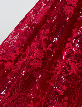 TWEED DRESS(ツイードドレス)のワインレッドロングドレス・チュール｜TN2010-WRDのスカートレース装飾拡大画像です。