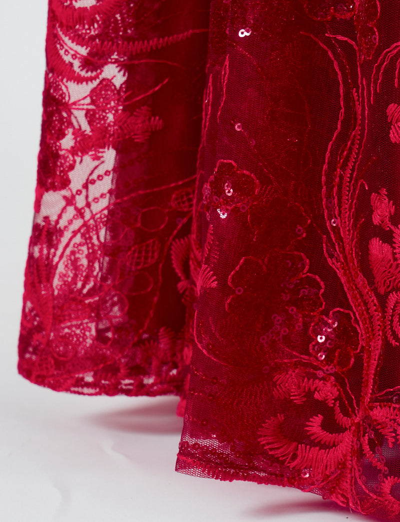 TWEED DRESS(ツイードドレス)のワインレッドロングドレス・チュール｜TN2010-WRDのスカート裾拡大画像です。
