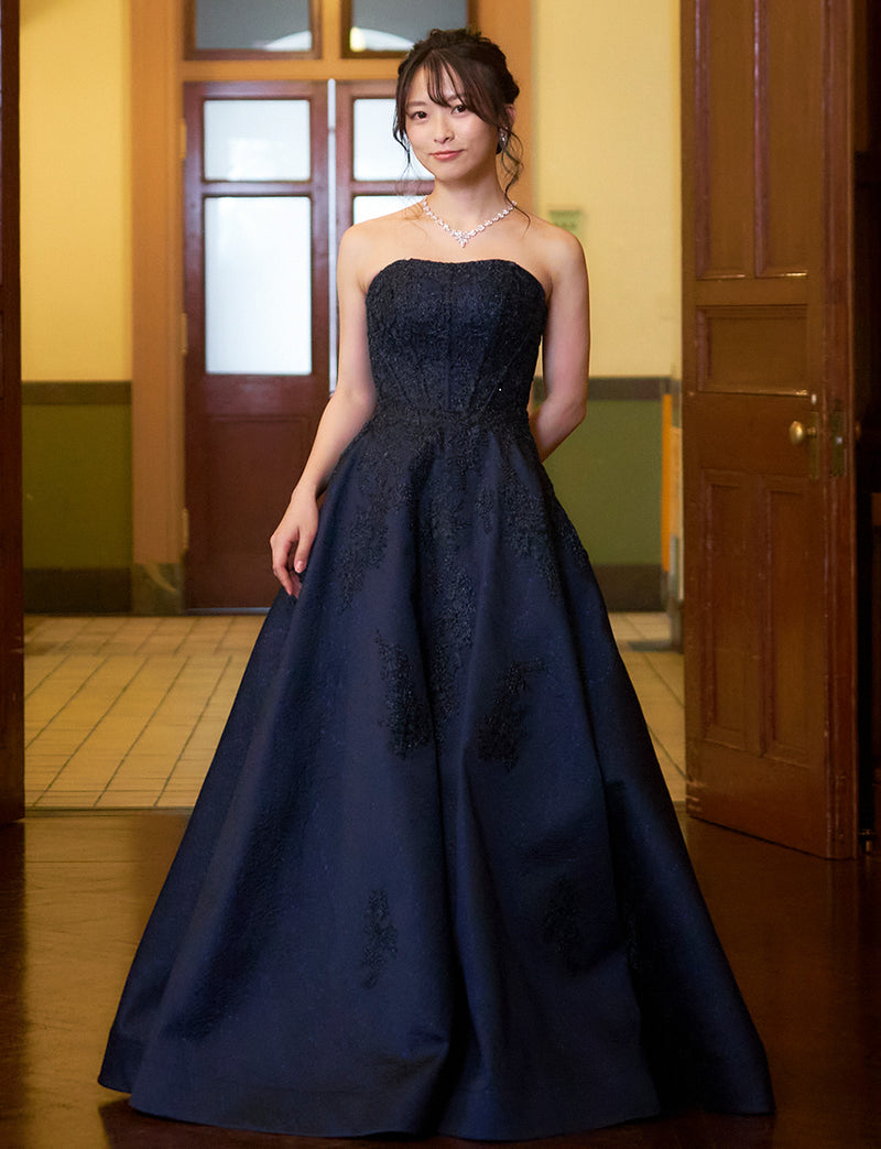 TWEED DRESS(ツイードドレス)のダークネイビーロングドレス・ジャガード｜TN2011-DNYの全身正面画像です。