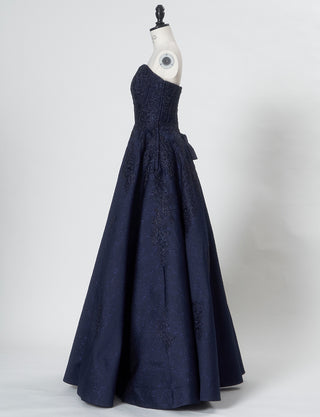 TWEED DRESS(ツイードドレス)のダークネイビーロングドレス・ジャガード｜TN2011-DNYのトルソー全身側面画像です。