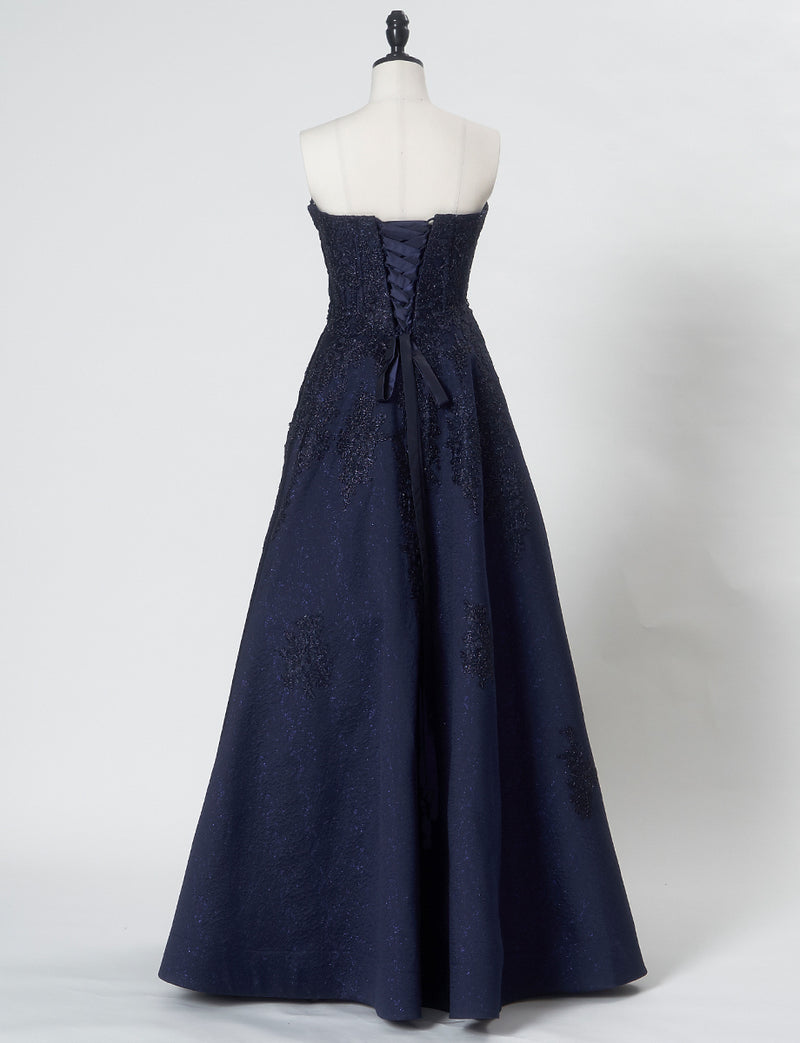 TWEED DRESS(ツイードドレス)のダークネイビーロングドレス・ジャガード｜TN2011-DNYのトルソー全身背面画像です。