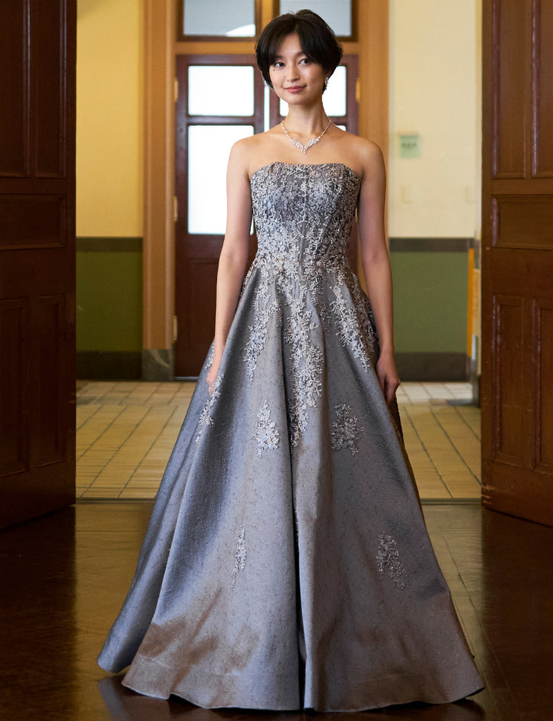 TWEED DRESS(ツイードドレス)のダークグレーロングドレス・ジャガード｜TN2011-DGYの全身正面画像です。