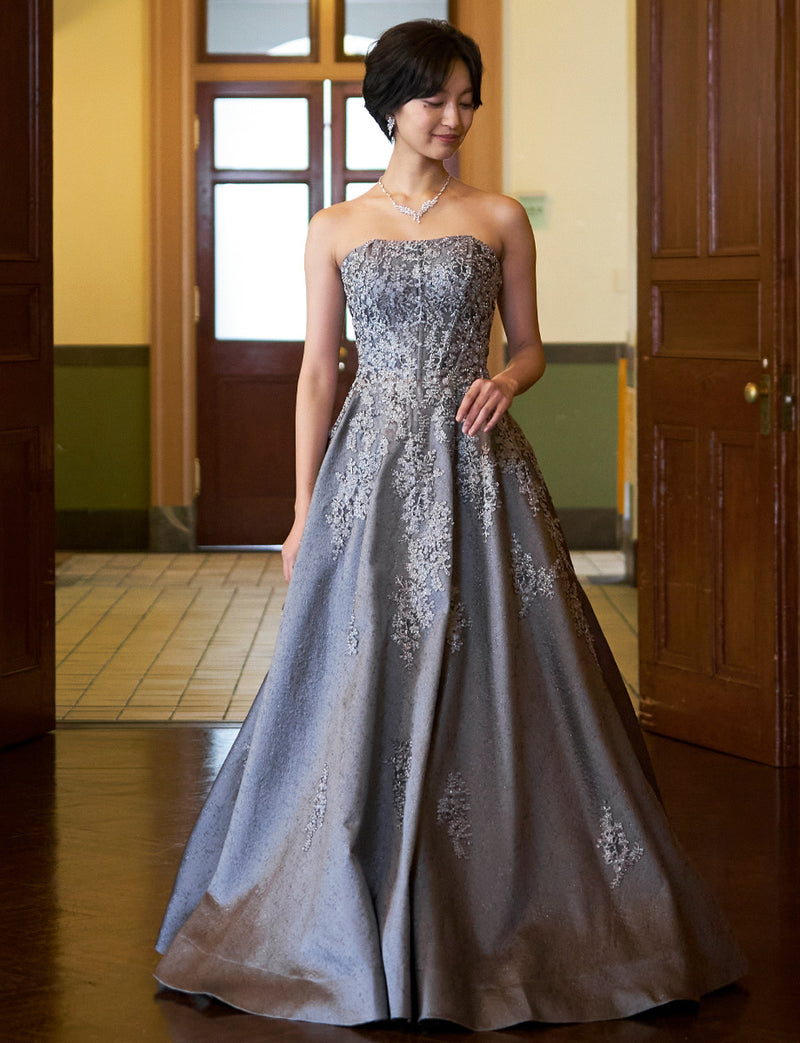TWEED DRESS(ツイードドレス)のダークグレーロングドレス・ジャガード｜TN2011-DGYの全身正面画像です。