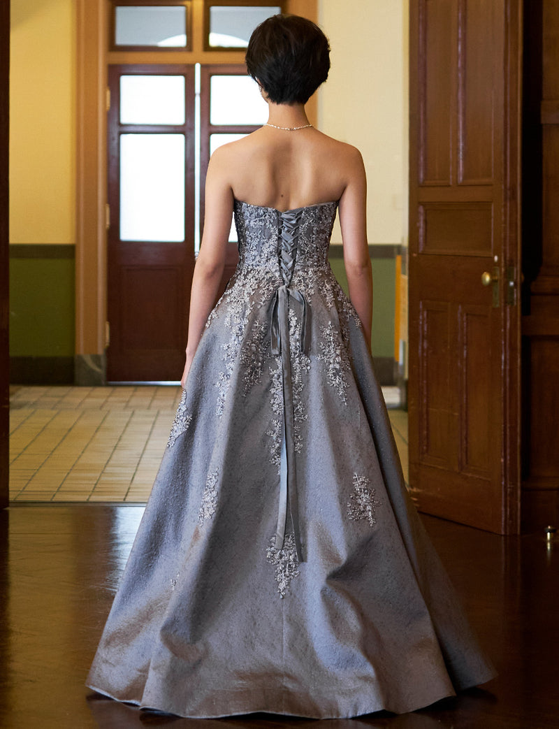 TWEED DRESS(ツイードドレス)のダークグレーロングドレス・ジャガード｜TN2011-DGYの全身背面画像です。