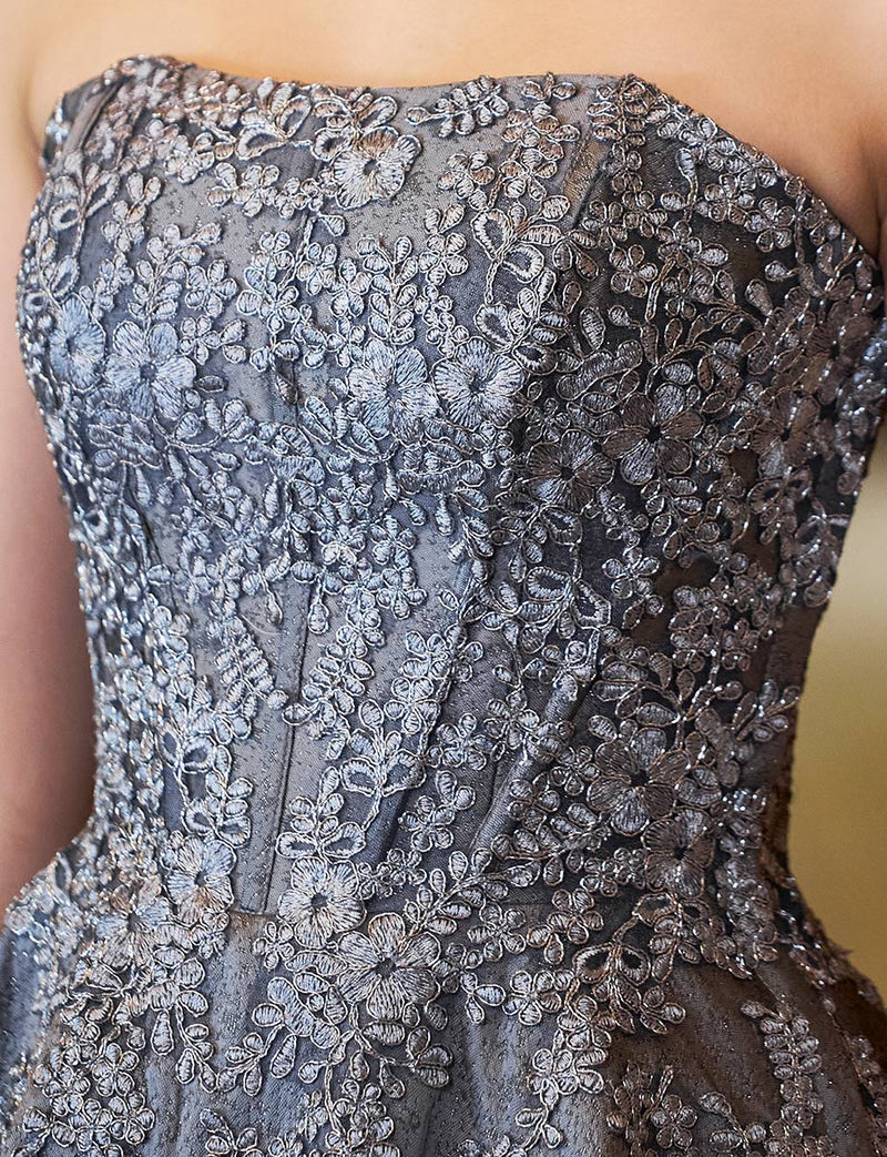 TWEED DRESS(ツイードドレス)のダークグレーロングドレス・ジャガード｜TN2011-DGYの上半身装飾拡大画像です。