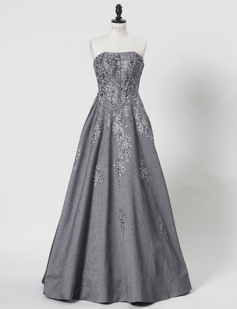 TWEED DRESS(ツイードドレス)のダークグレーロングドレス・ジャガード｜TN2011-DGYのトルソー全身正面画像です。