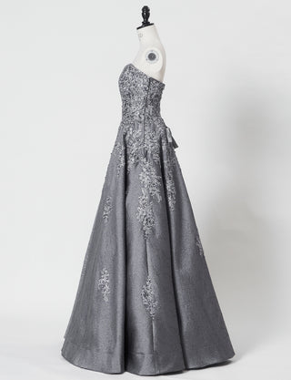 TWEED DRESS(ツイードドレス)のダークグレーロングドレス・ジャガード｜TN2011-DGYのトルソー全身側面画像です。