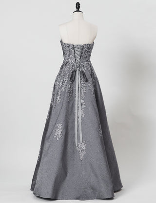 TWEED DRESS(ツイードドレス)のダークグレーロングドレス・ジャガード｜TN2011-DGYのトルソー全身背面画像です。