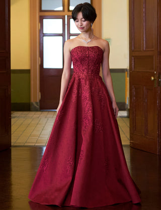 TWEED DRESS(ツイードドレス)のワインレッドロングドレス・ジャガード｜TN2011-WRDの全身正面画像です。