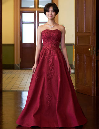 TWEED DRESS(ツイードドレス)のワインレッドロングドレス・ジャガード｜TN2011-WRDの全身正面画像です。
