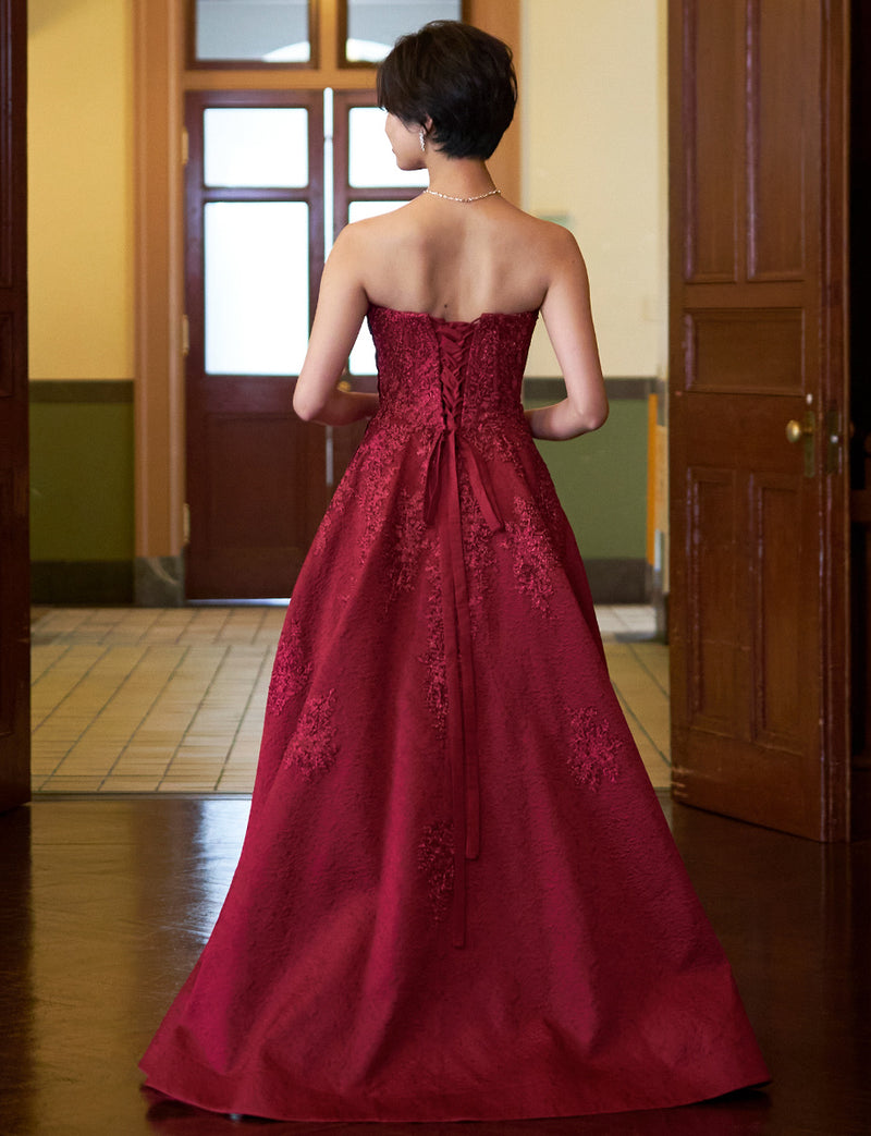 TWEED DRESS(ツイードドレス)のワインレッドロングドレス・ジャガード｜TN2011-WRDの全身背面画像です。