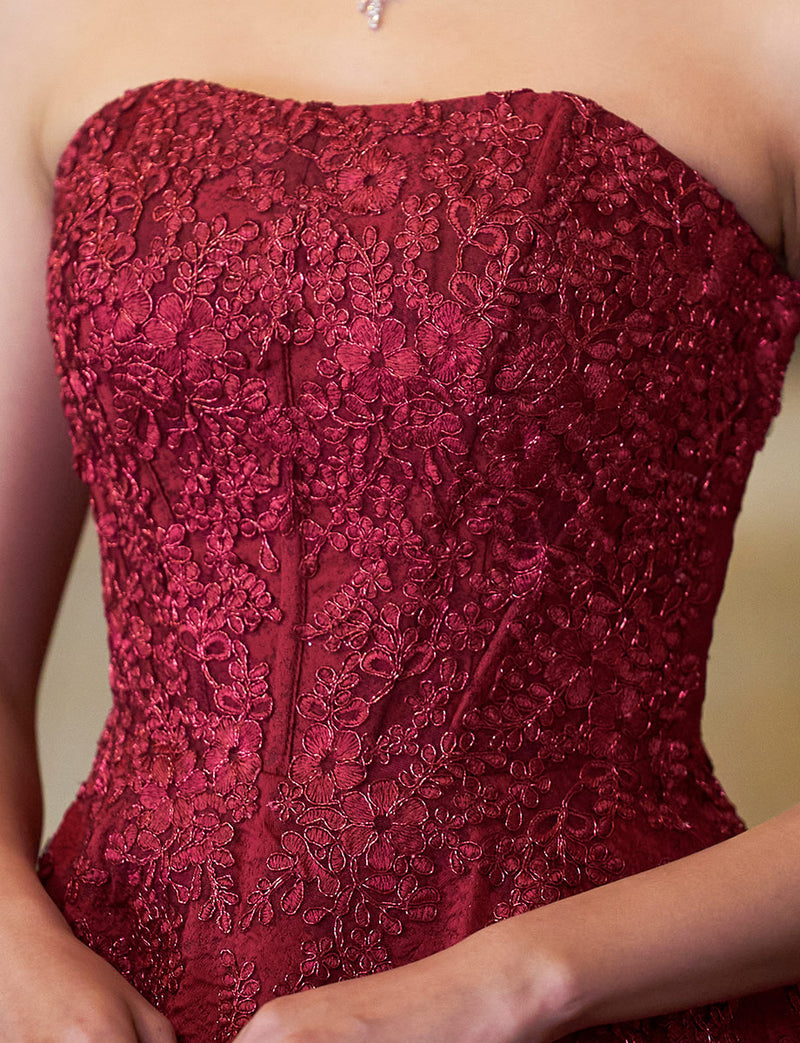 TWEED DRESS(ツイードドレス)のワインレッドロングドレス・ジャガード｜TN2011-WRDの上半身装飾拡大画像です。