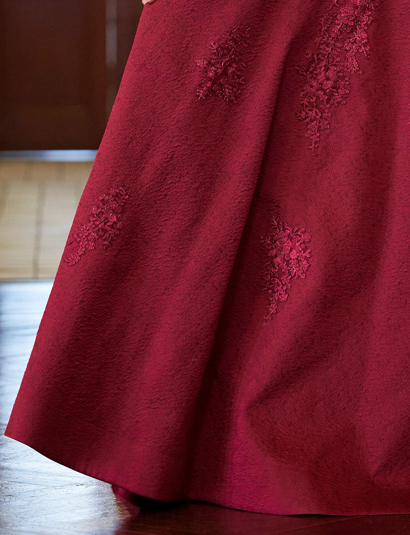 TWEED DRESS(ツイードドレス)のワインレッドロングドレス・ジャガード｜TN2011-WRDのスカート拡大画像です。