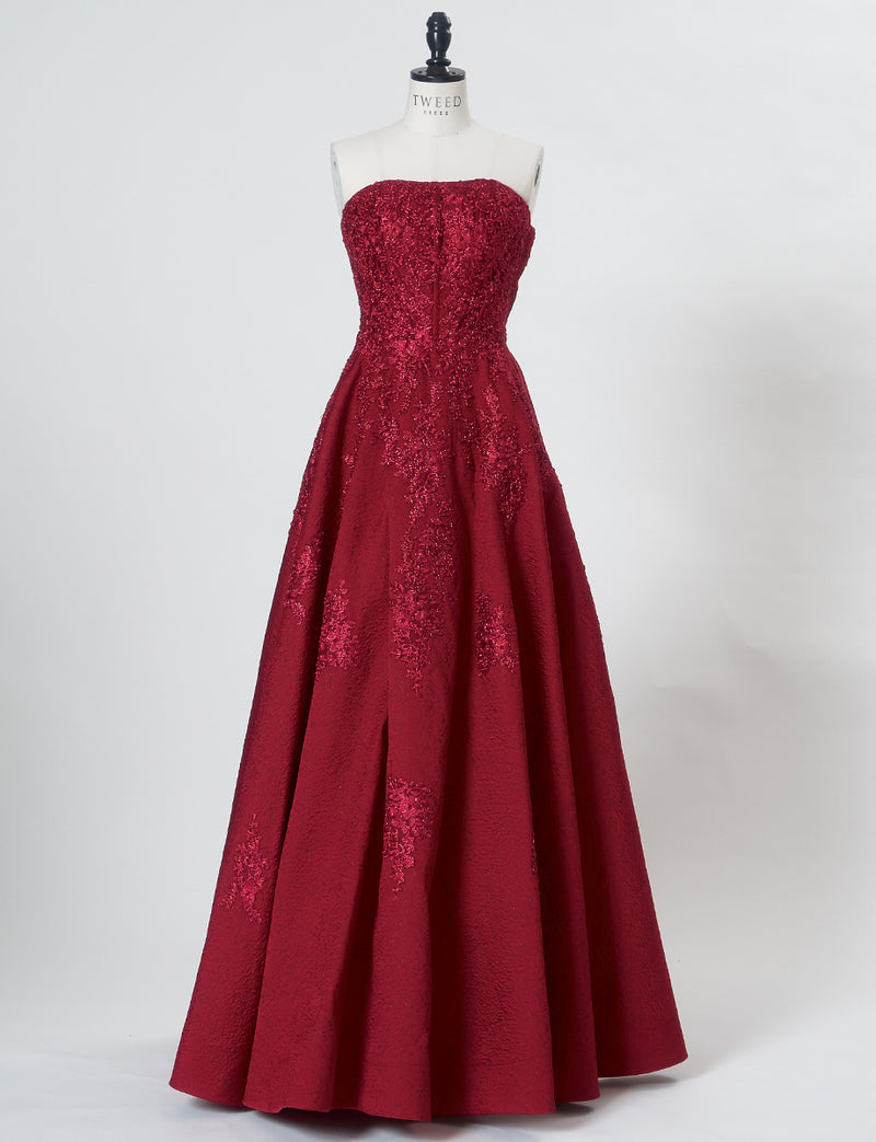 TWEED DRESS(ツイードドレス)のワインレッドロングドレス・ジャガード｜TN2011-WRDのトルソー全身正面画像です。