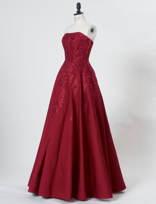 TWEED DRESS(ツイードドレス)のワインレッドロングドレス・ジャガード｜TN2011-WRDのトルソー全身斜め画像です。