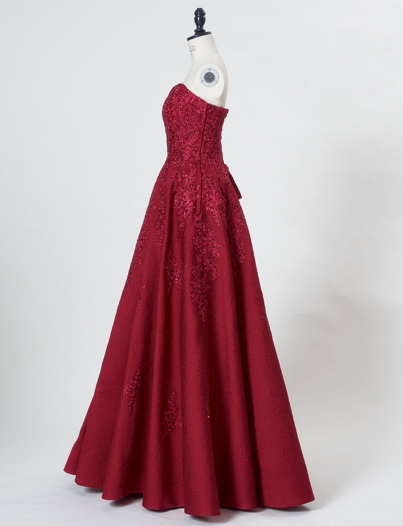 TWEED DRESS(ツイードドレス)のワインレッドロングドレス・ジャガード｜TN2011-WRDのトルソー全身側面画像です。