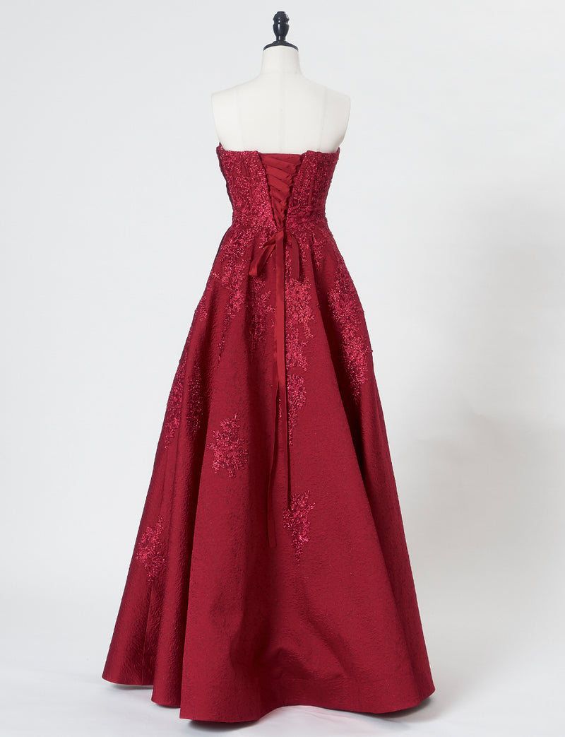 TWEED DRESS(ツイードドレス)のワインレッドロングドレス・ジャガード｜TN2011-WRDのトルソー全身背面画像です。