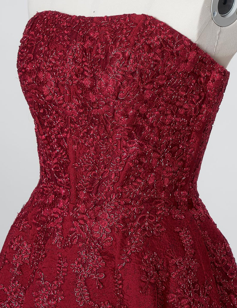 TWEED DRESS(ツイードドレス)のワインレッドロングドレス・ジャガード｜TN2011-WRDのトルソー上半身斜め画像です。